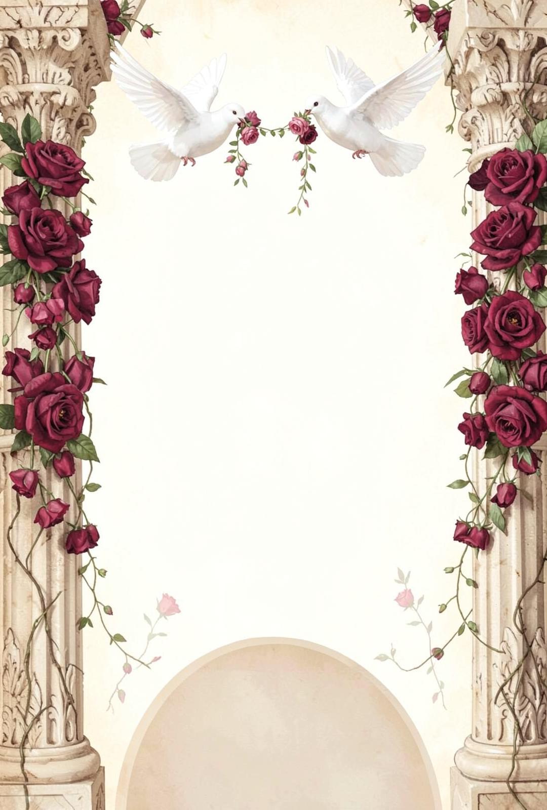 Floral archway with columns, roses and doves