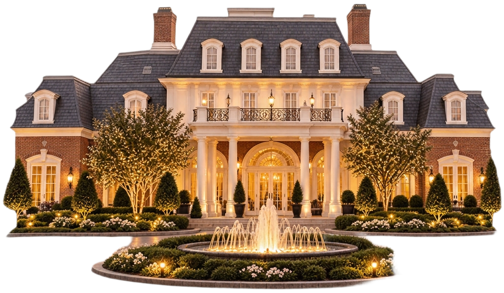 Westbury Manor illuminated for an evening wedding